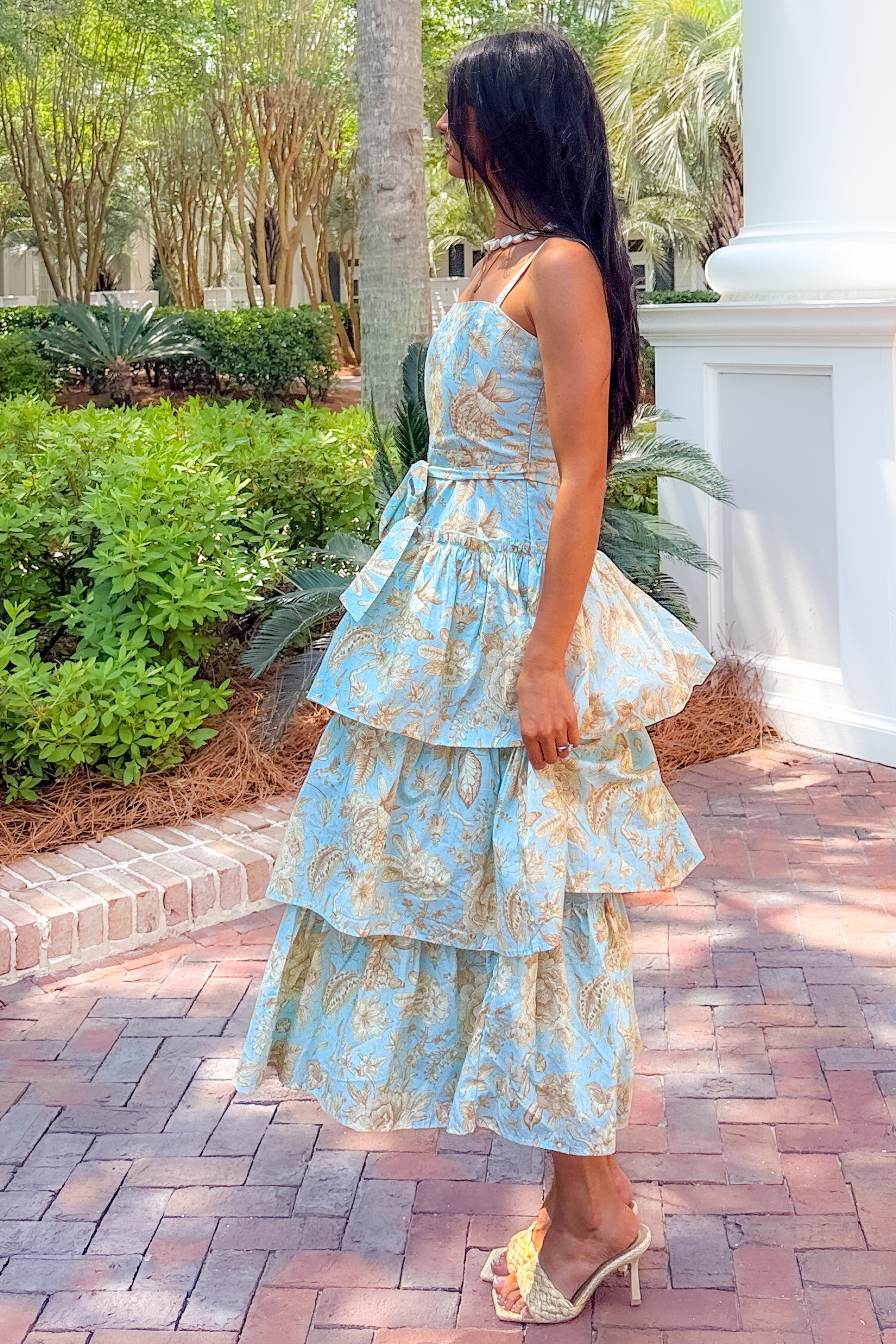 Wildflower Heart Tiered Sleeveless Cotton Midi Dress (Blue) - NanaMacs