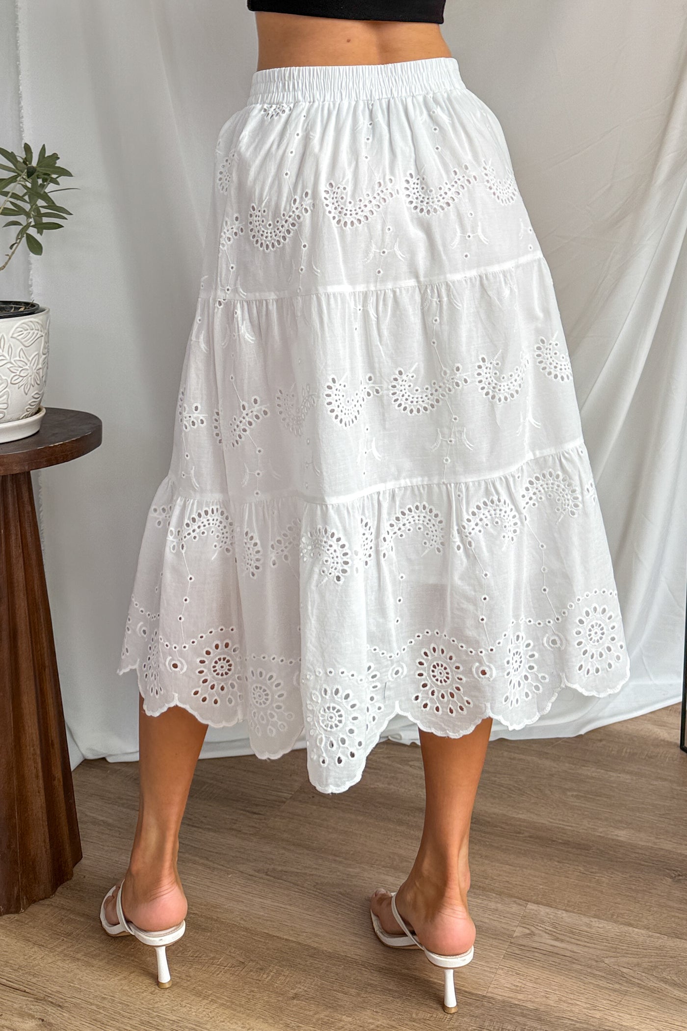 Wildflower Way Tiered Eyelet Midi Skirt (Off White) - NanaMacs
