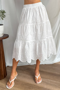 Wildflower Way Tiered Eyelet Midi Skirt (Off White) - NanaMacs