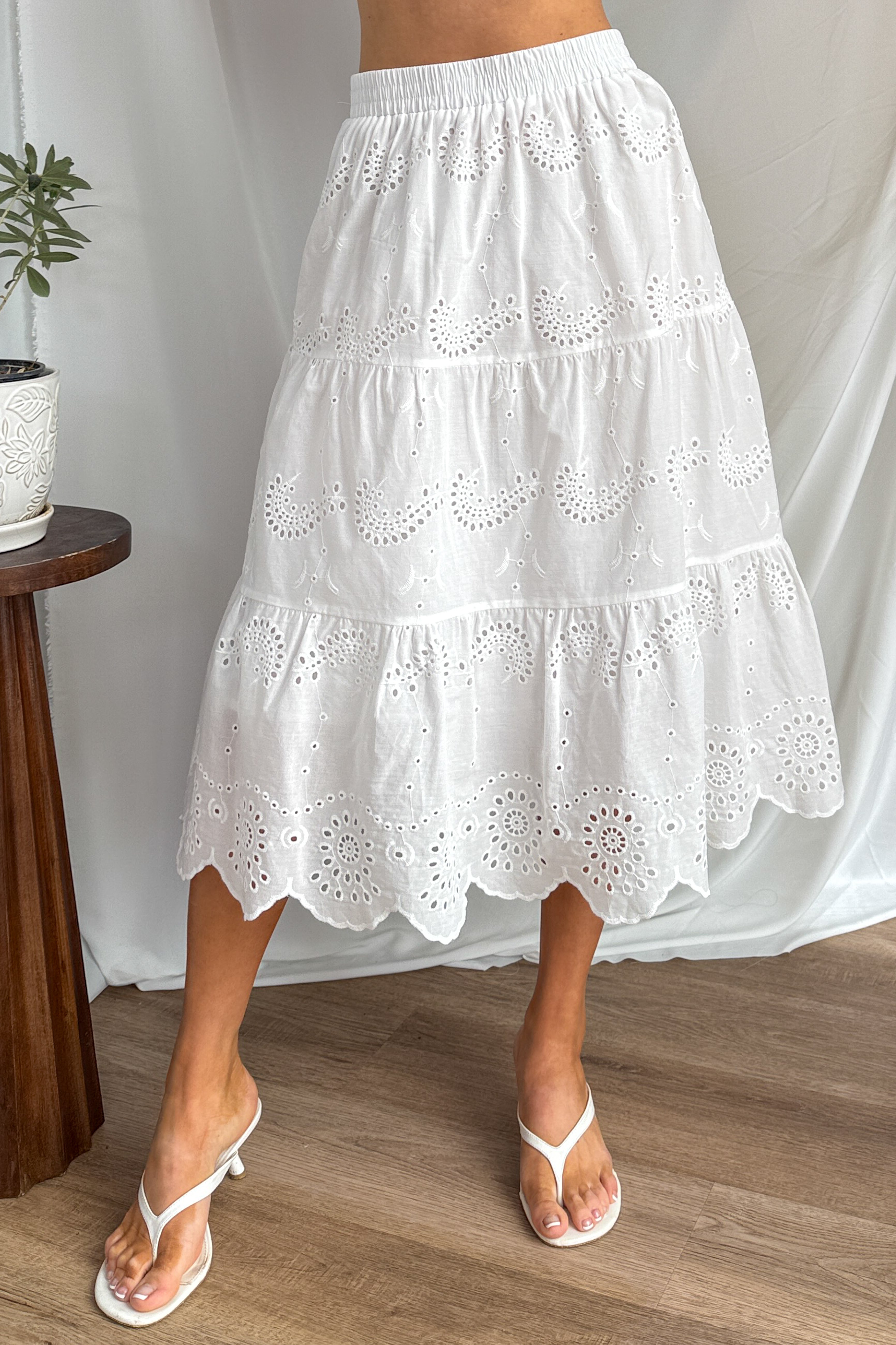 Wildflower Way Tiered Eyelet Midi Skirt (Off White) - NanaMacs