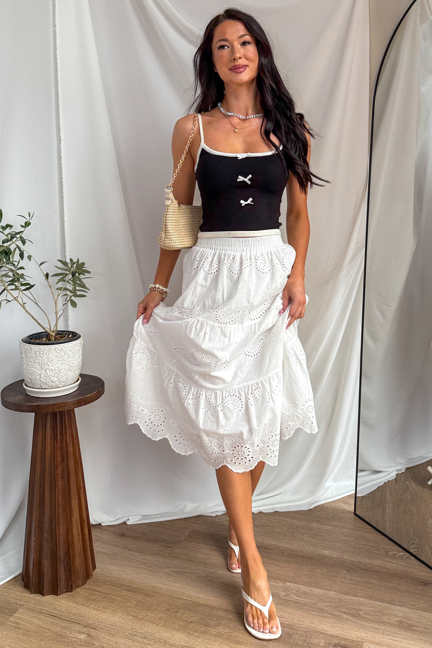Wildflower Way Tiered Eyelet Midi Skirt (Off White) - NanaMacs