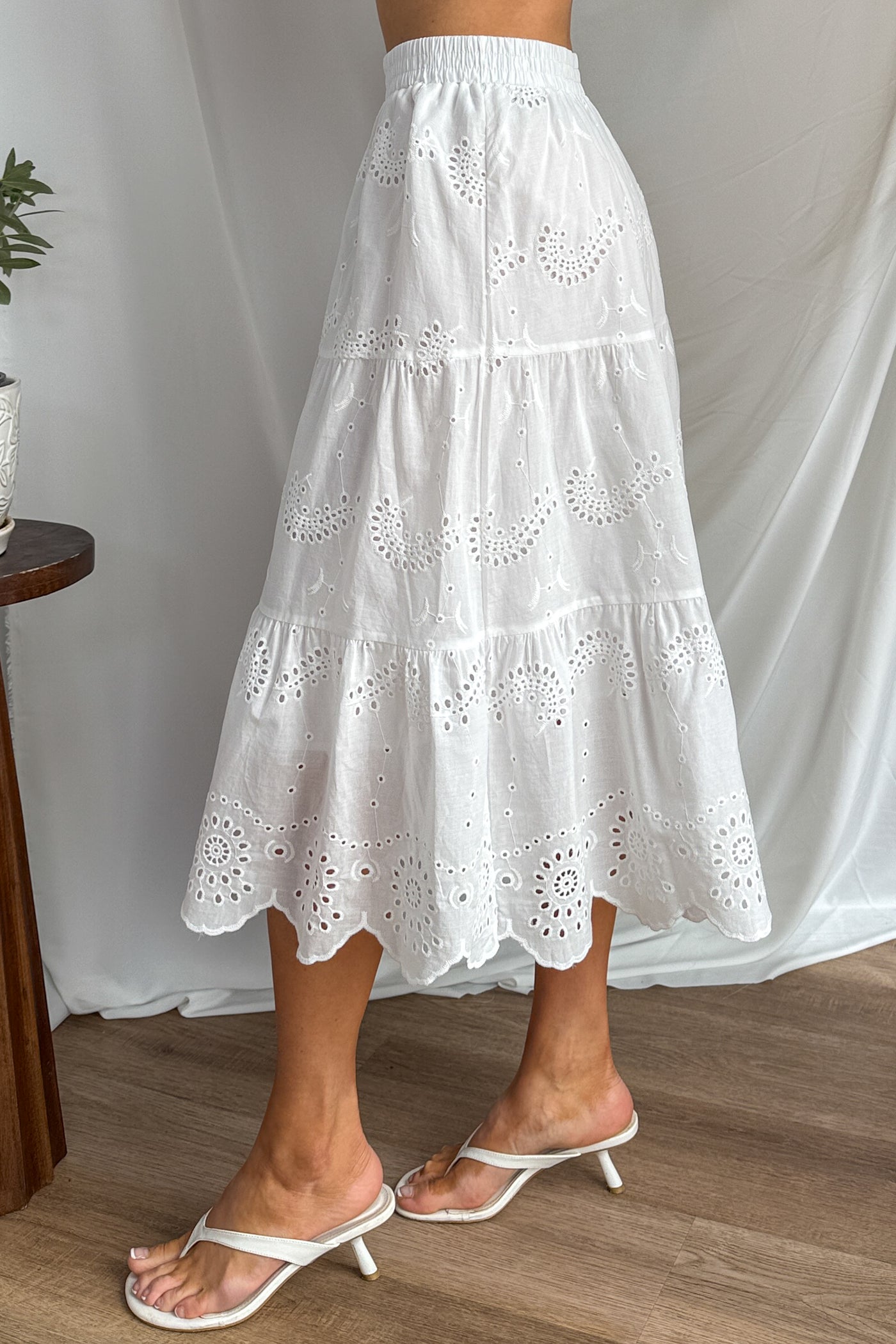 Wildflower Way Tiered Eyelet Midi Skirt (Off White) - NanaMacs