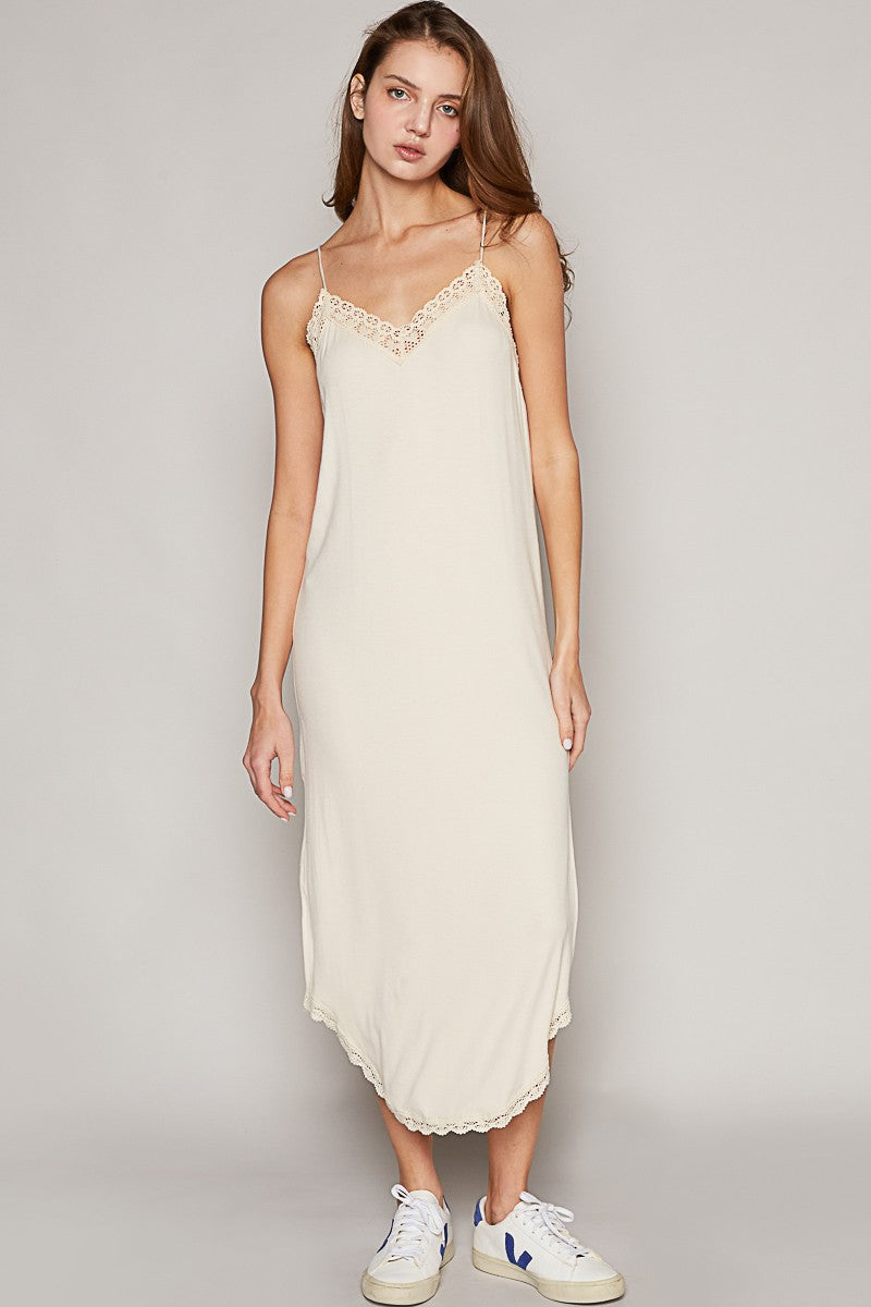 Toula Lace Trim Midi Dress (Almond Cream) - NanaMacs