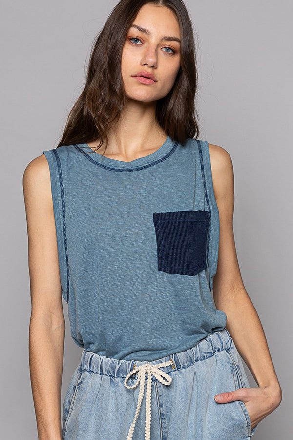 PREORDER Brett Pocket Front Sleeveless Top (Denim) - NanaMacs