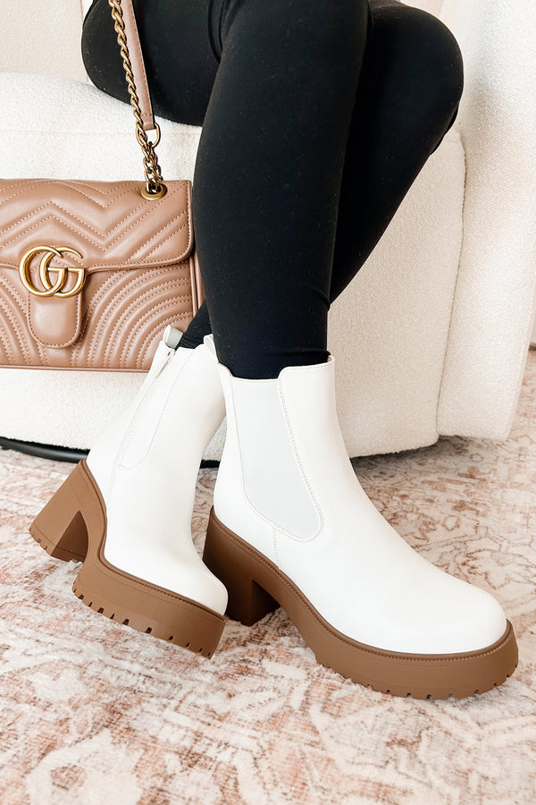 Boots On The Ground Platform Heeled Chelsea Boots (White PU) - NanaMacs