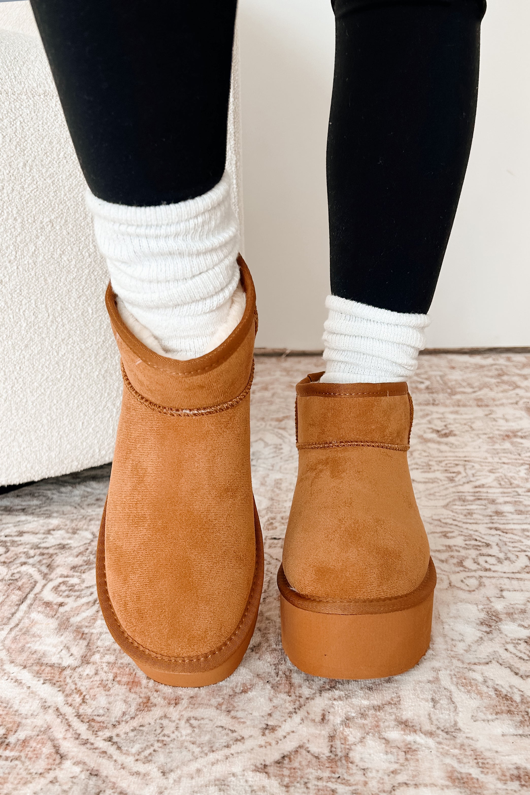 Comfortably Confident Faux Fur Lined Platform Ankle Booties (Tan) - NanaMacs