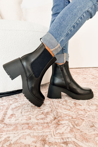 Boots On The Ground Platform Heeled Chelsea Boots (Black PU) - NanaMacs