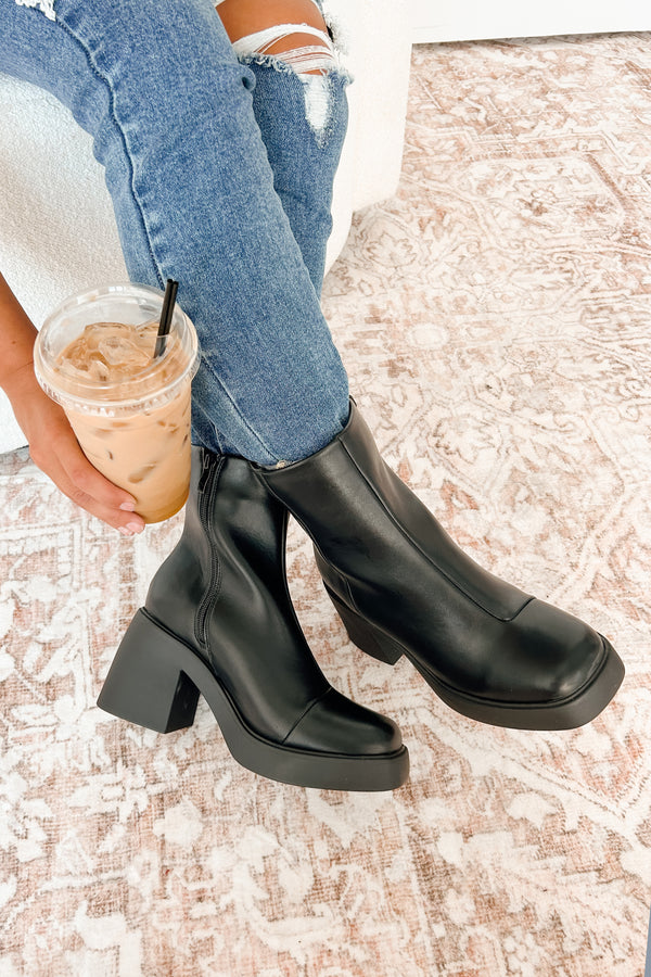 Embracing The Chaos Faux Leather Platform Booties (Black) - NanaMacs