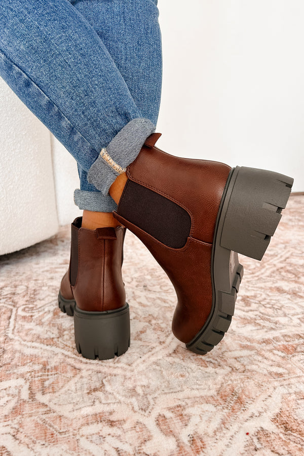 Road Less Traveled Lug Sole Chelsea Ankle Boots (Brown PU) - NanaMacs