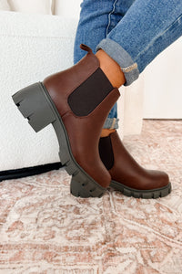 Road Less Traveled Lug Sole Chelsea Ankle Boots (Brown PU) - NanaMacs