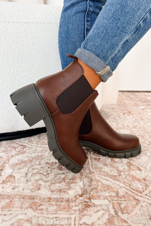 Road Less Traveled Lug Sole Chelsea Ankle Boots (Brown PU) - NanaMacs