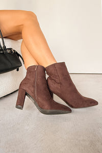 Under Control Faux Suede Heeled Booties (Brown) - NanaMacs