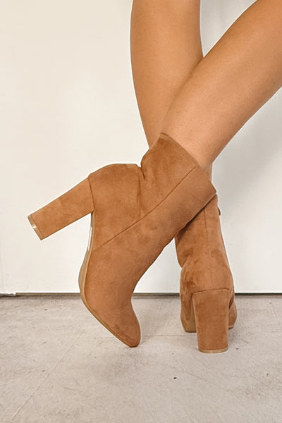 Under Control Faux Suede Heeled Booties (Taupe)
