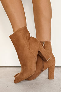 Under Control Faux Suede Heeled Booties (Taupe) - NanaMacs