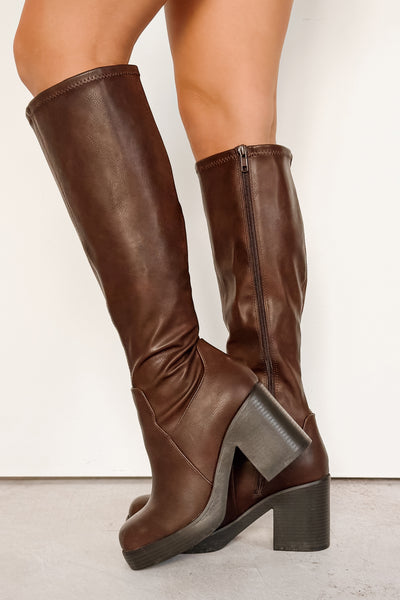 Take The Hint Platform Chunky Heel Boots (Dark Brown)