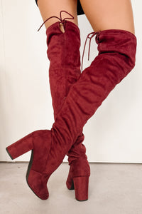 Bold Horizon Thigh High Faux Suede Boots (Burgundy) - NanaMacs