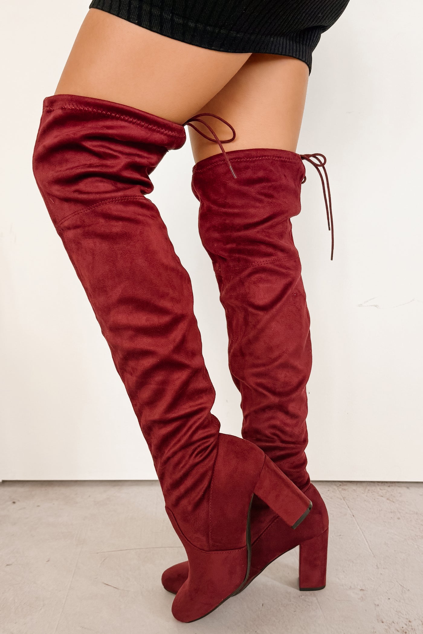 Bold Horizon Thigh High Faux Suede Boots (Burgundy) - NanaMacs