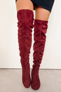 Bold Horizon Thigh High Faux Suede Boots (Burgundy) - NanaMacs