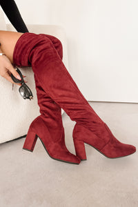 Bold Horizon Thigh High Faux Suede Boots (Burgundy) - NanaMacs