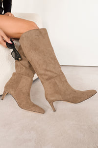 Corporate Chic Kitten Heel Faux Suede Boots (Taupe)