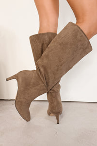 Corporate Chic Kitten Heel Faux Suede Boots (Taupe)
