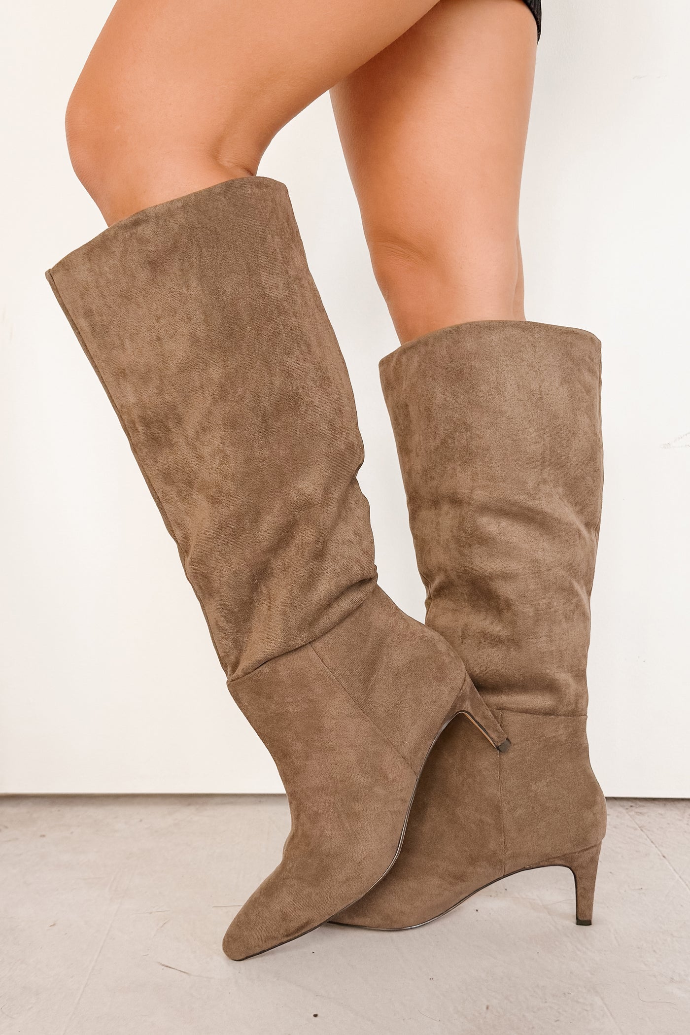 Corporate Chic Kitten Heel Faux Suede Boots (Taupe)