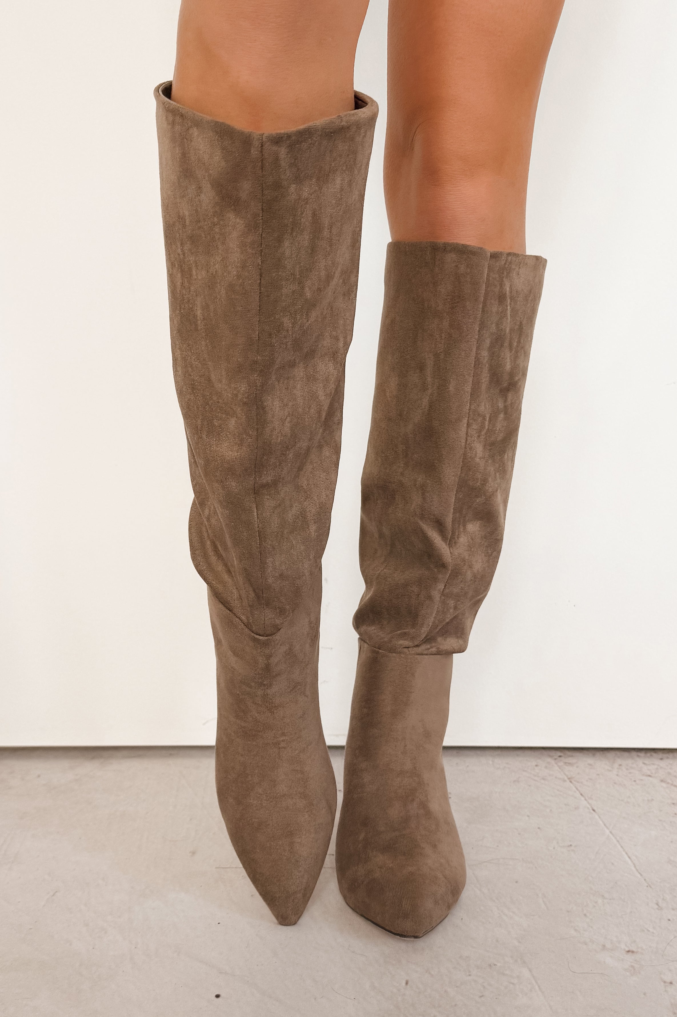 Corporate Chic Kitten Heel Faux Suede Boots (Taupe)