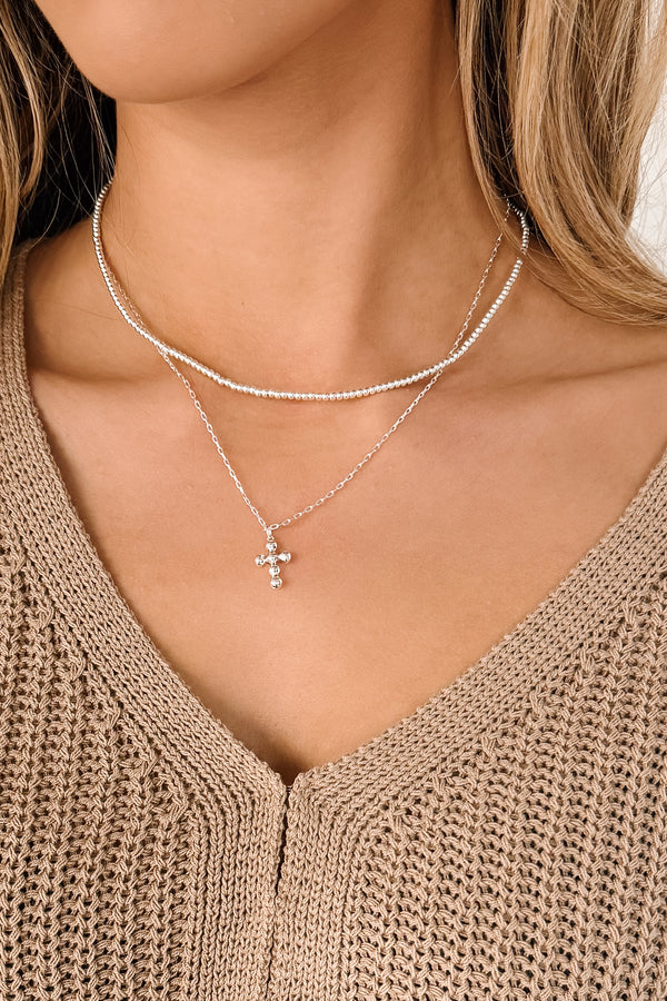 Boldly Bright Layered Chain Cross Necklace (Silver)