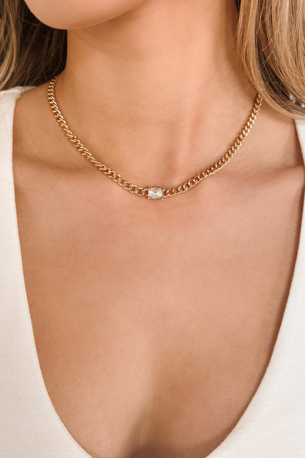 Glimmer Hour Flat Link Chain Rhinestone Necklace (Gold)