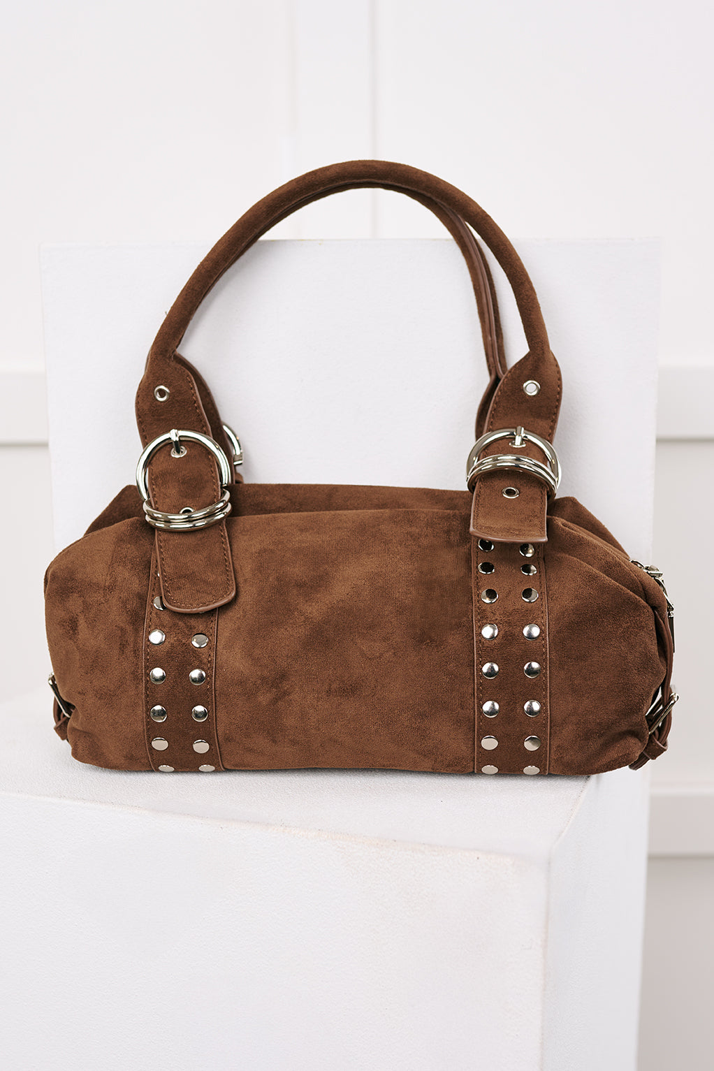 Fierce Calm Studded Faux Suede Bag (Dark Brown) - NanaMacs