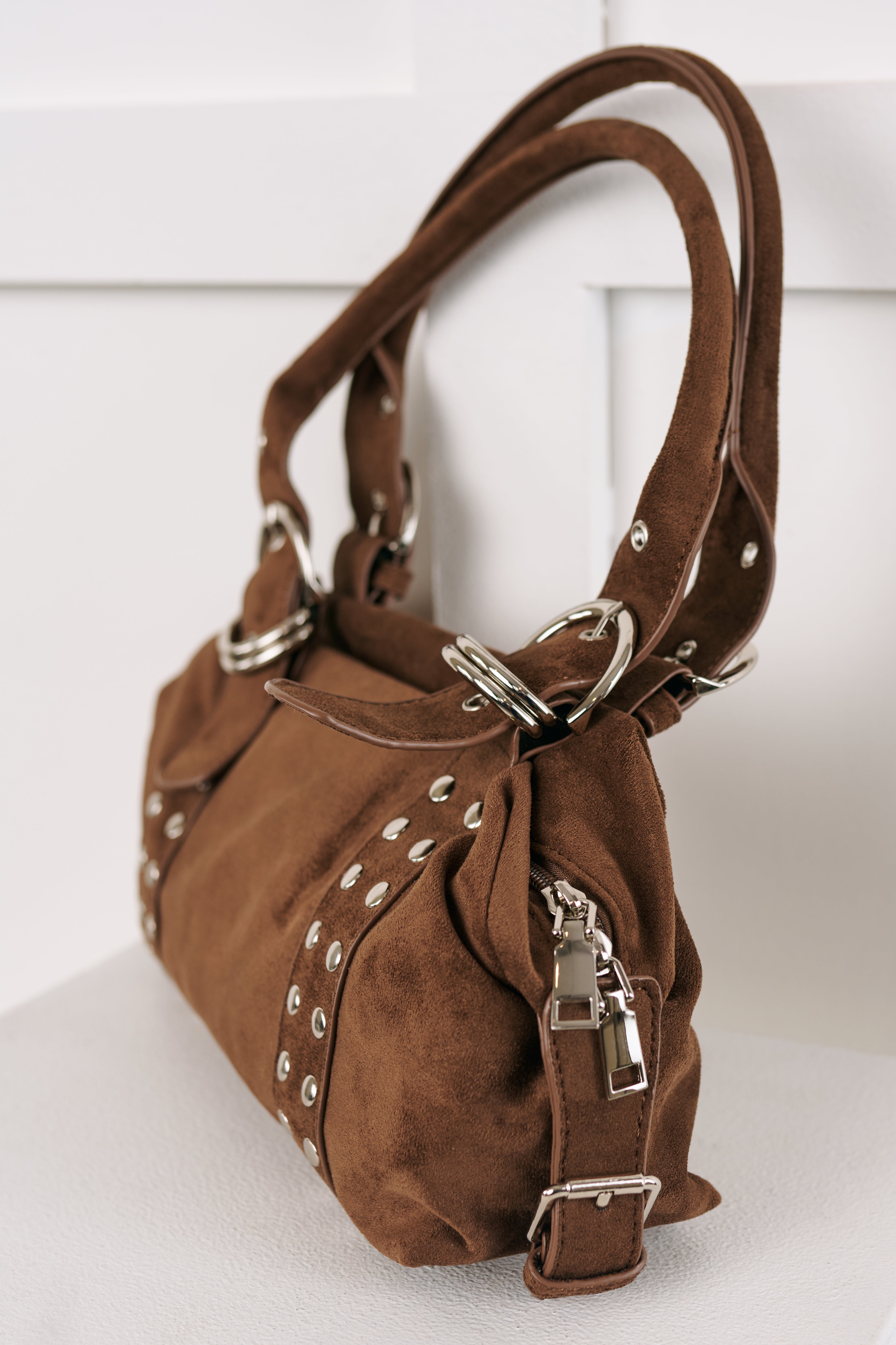 Fierce Calm Studded Faux Suede Bag (Dark Brown) - NanaMacs