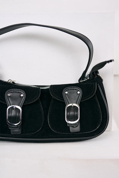 Always On Top Faux Suede Buckle Bag (Black) - NanaMacs
