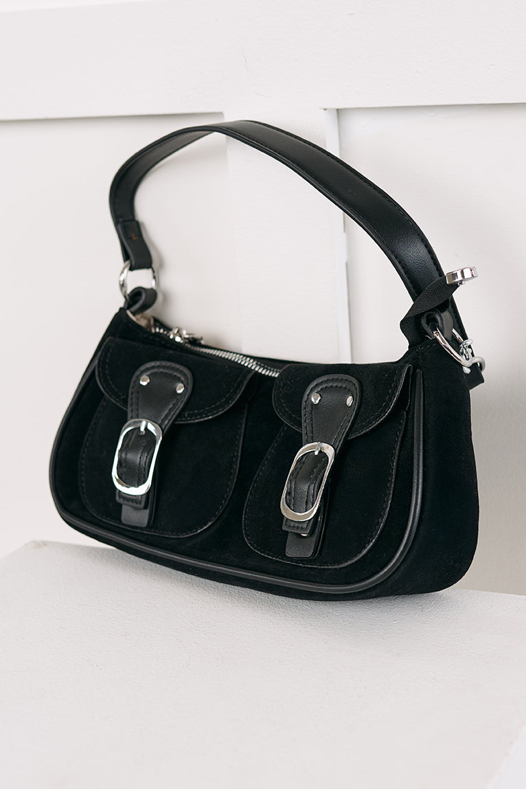 Always On Top Faux Suede Buckle Bag (Black) - NanaMacs
