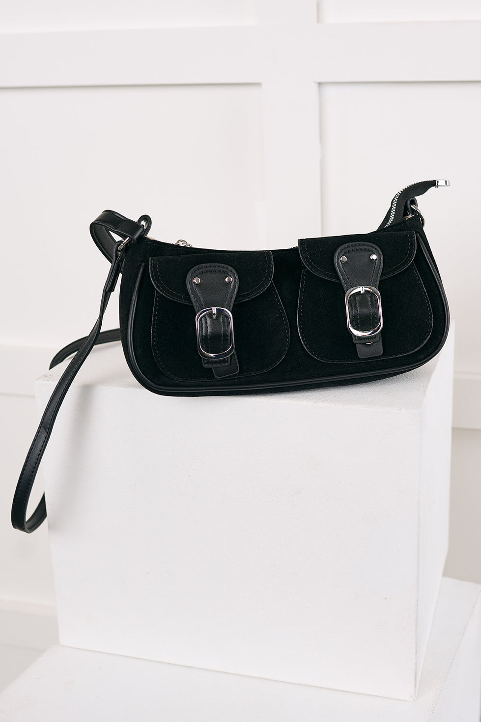 Always On Top Faux Suede Buckle Bag (Black) - NanaMacs