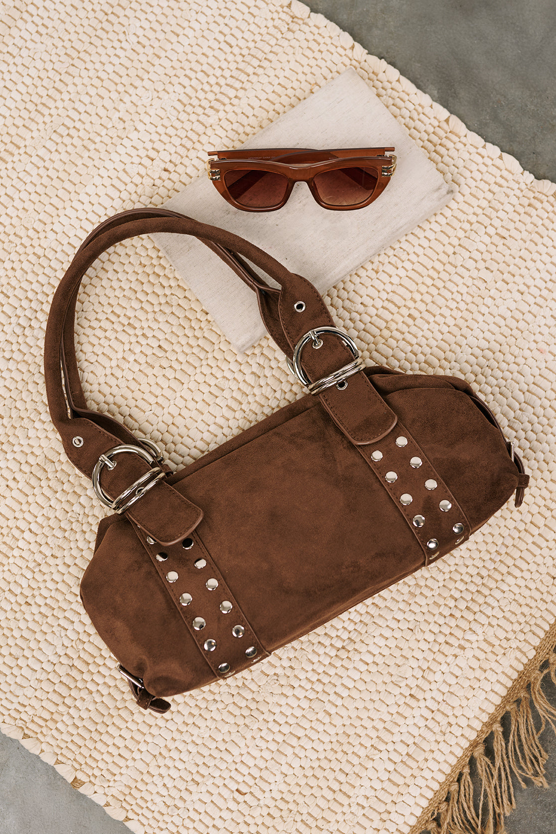 Fierce Calm Studded Faux Suede Bag (Dark Brown) - NanaMacs