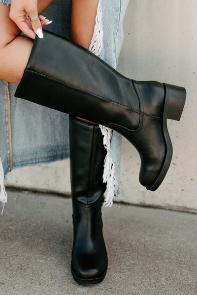 Off The Trail Mid-Calf Faux Leather Boots (Black) - NanaMacs