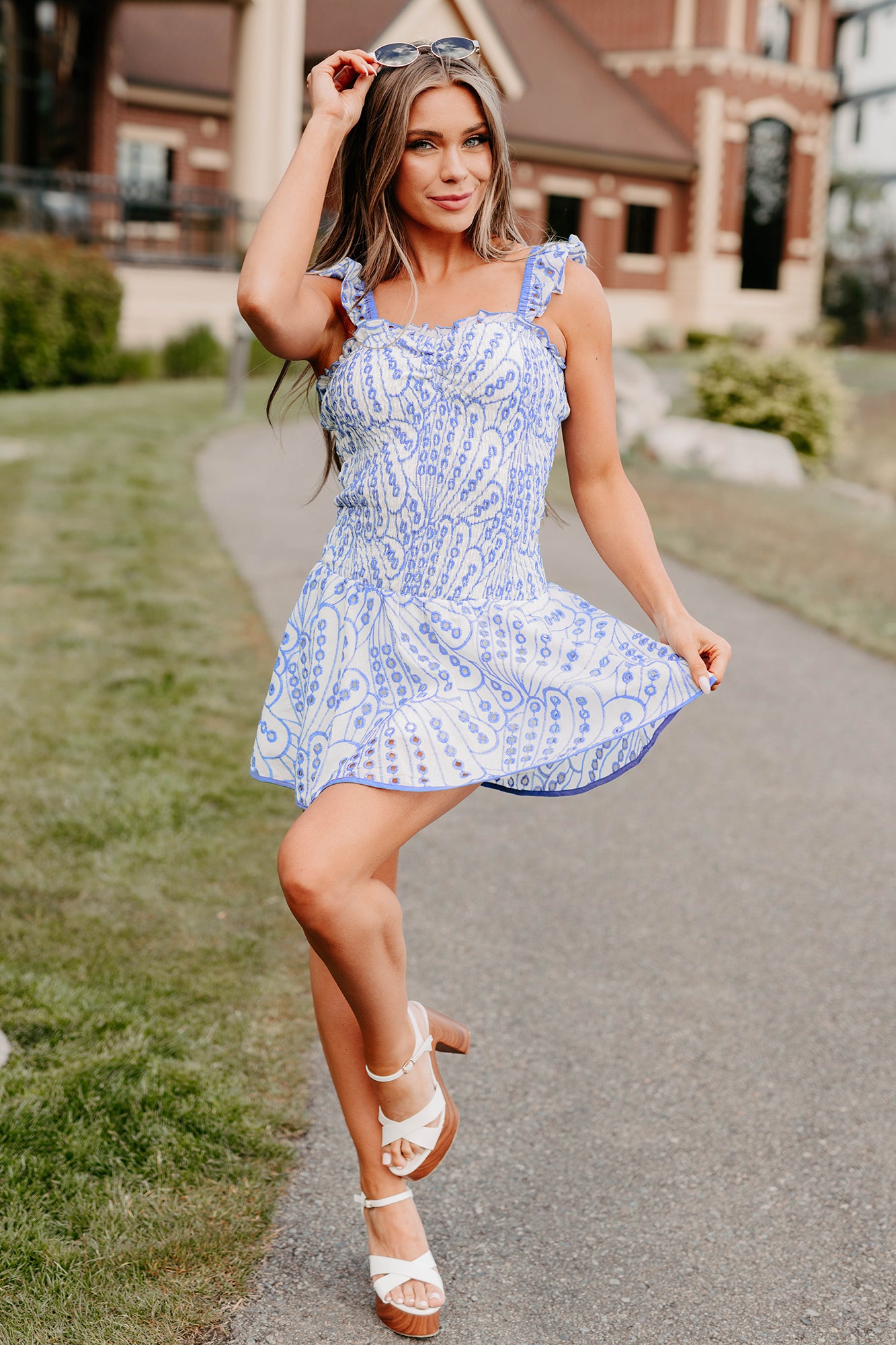 Miss Me More Smocked Eyelet Mini Dress (Blue) Miss Me More Smocked Eyelet Mini Dress (Blue)