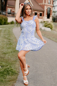 Miss Me More Smocked Eyelet Mini Dress (Blue) Miss Me More Smocked Eyelet Mini Dress (Blue)