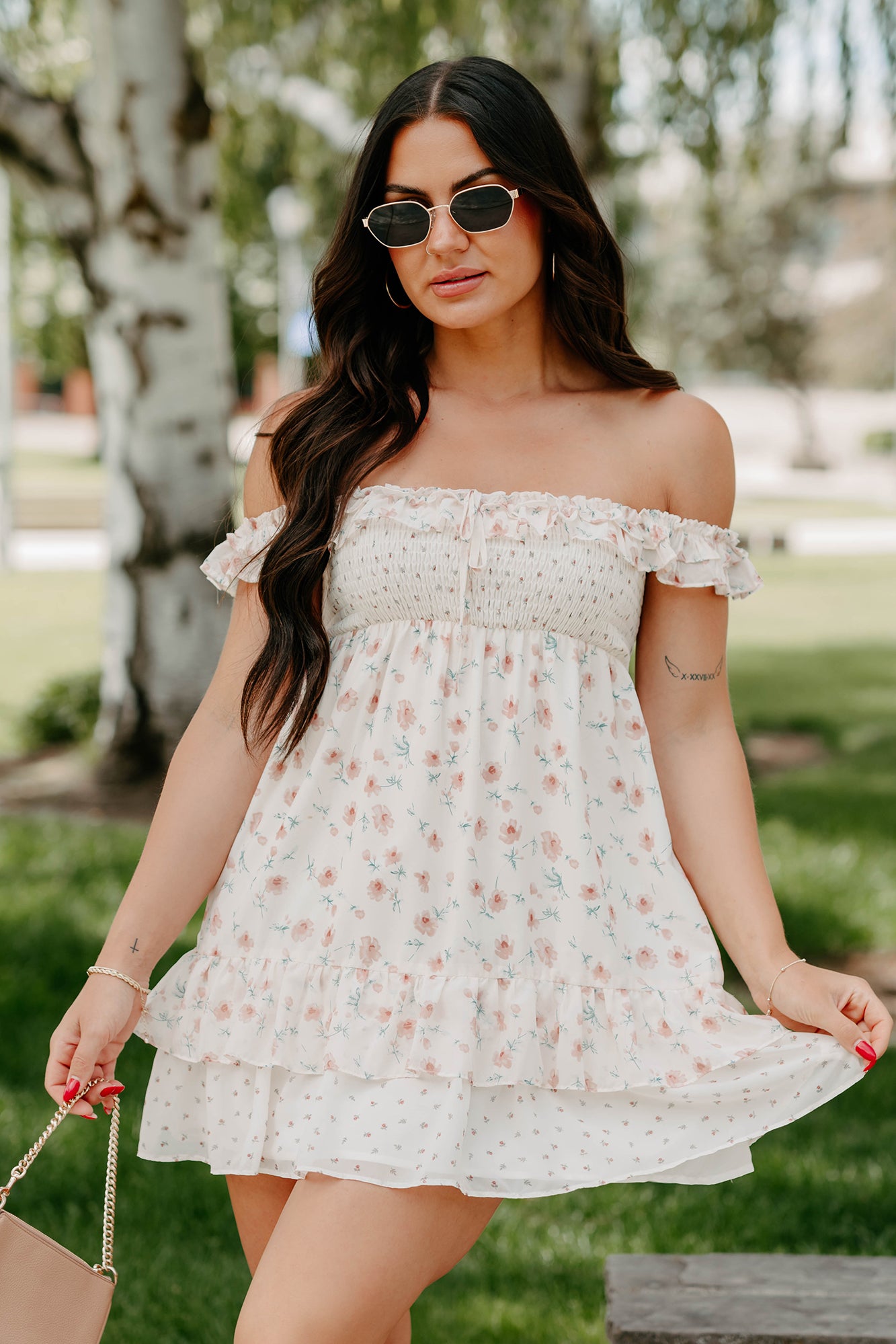 Women's Becoming Her Off The Shoulder Floral Mini Dress in Cream