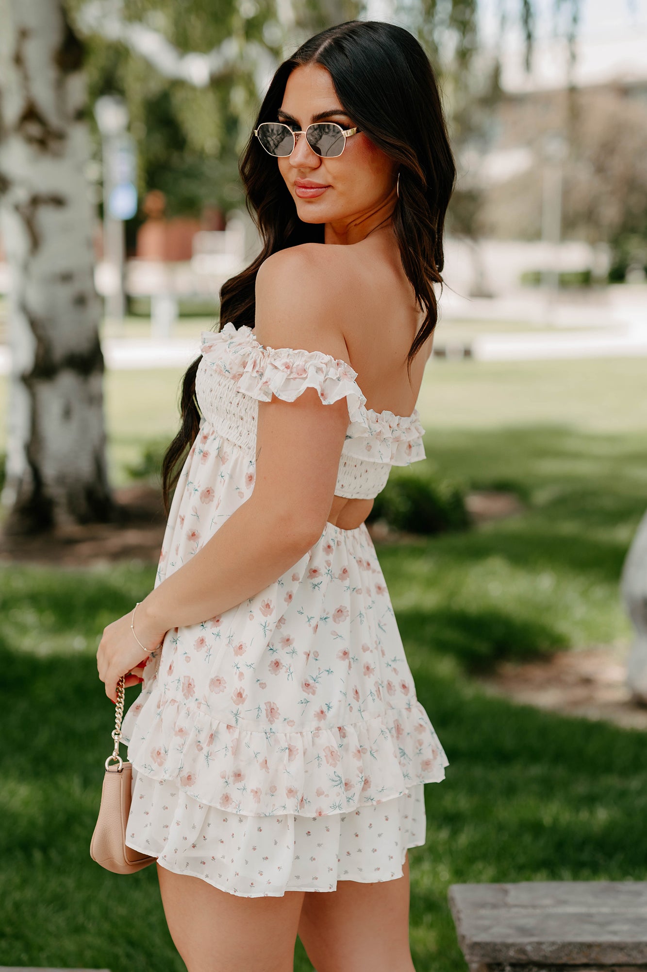 off the shoulder floral mini dress ASOS LUXE organza off shoulder ruched bubble mini dress in silver floral print