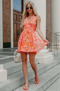 Radiate Happiness Floral Halter Mini Dress (Orange/Pink) - NanaMacs