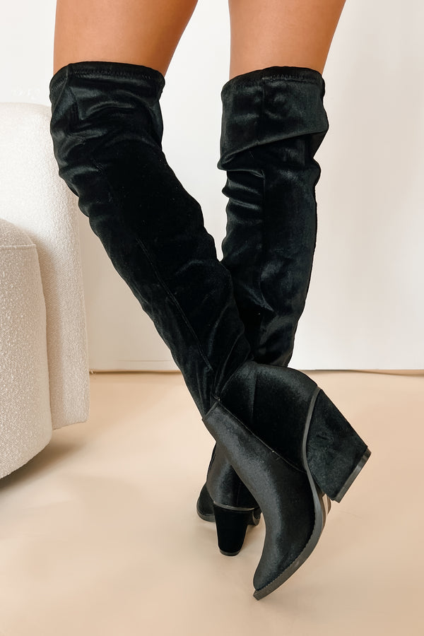 The World At Your Feet Velvet Thigh High Boots (Black) - NanaMacs