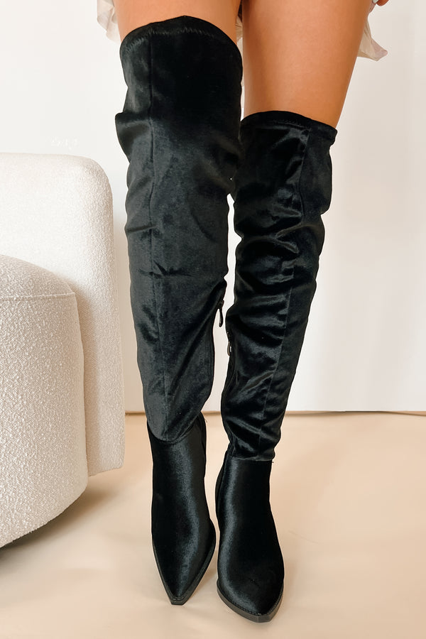 The World At Your Feet Velvet Thigh High Boots (Black) - NanaMacs