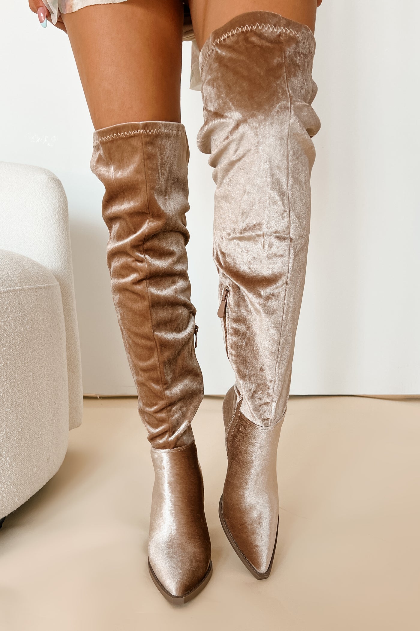 The World At Your Feet Velvet Thigh High Boots (Taupe) - NanaMacs