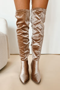 The World At Your Feet Velvet Thigh High Boots (Taupe) - NanaMacs