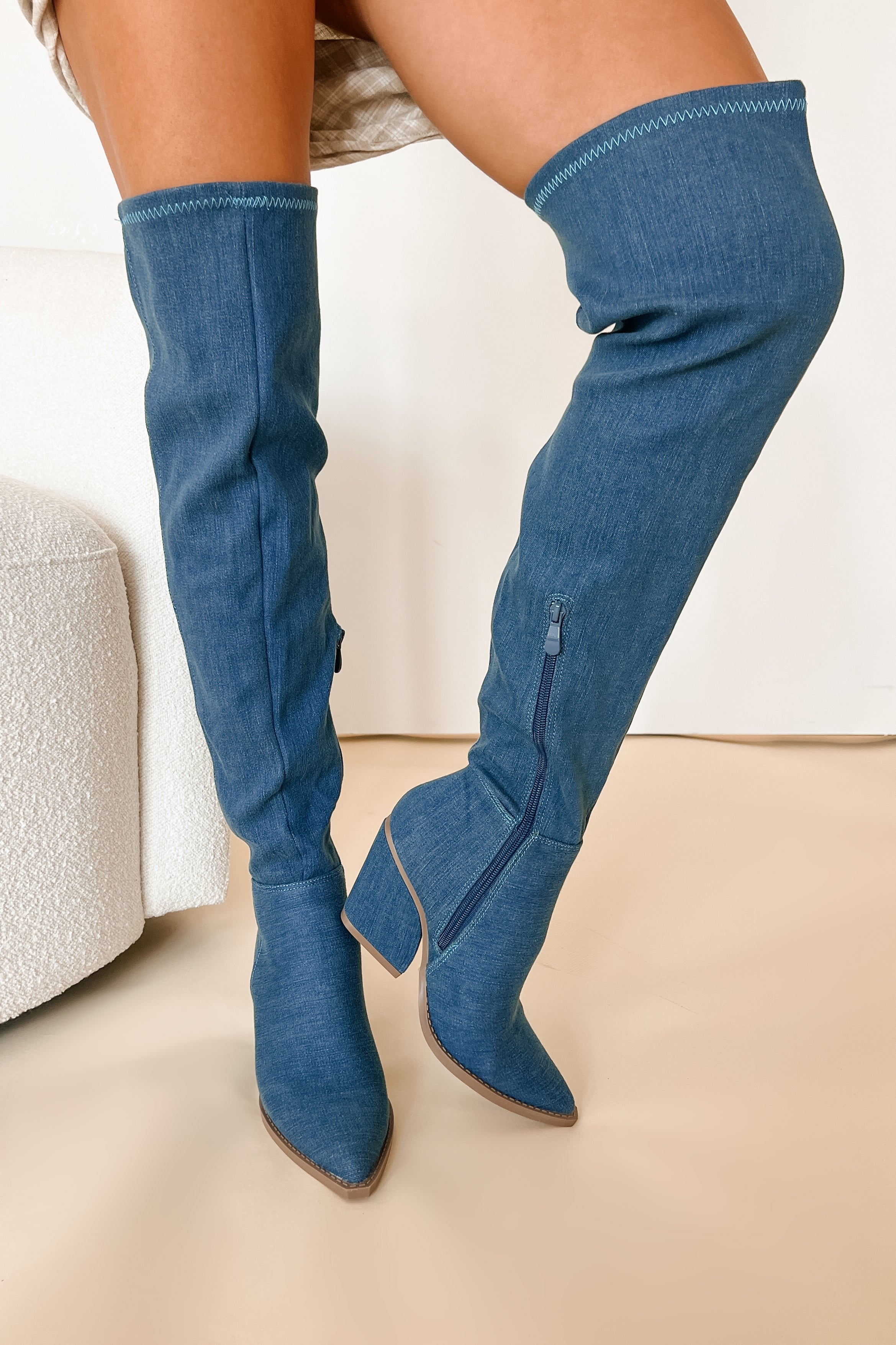 Denim thigh boots best sale