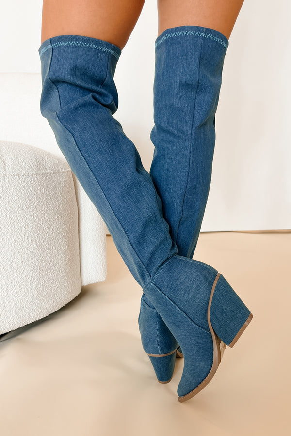 The World At Your Feet Denim Thigh High Boots (Denim) - NanaMacs