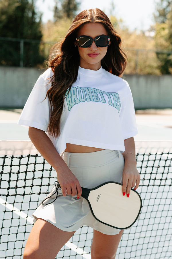 "Brunettes" Oversized Graphic Crop Tee (White/Blue) - Print On Demand - NanaMacs