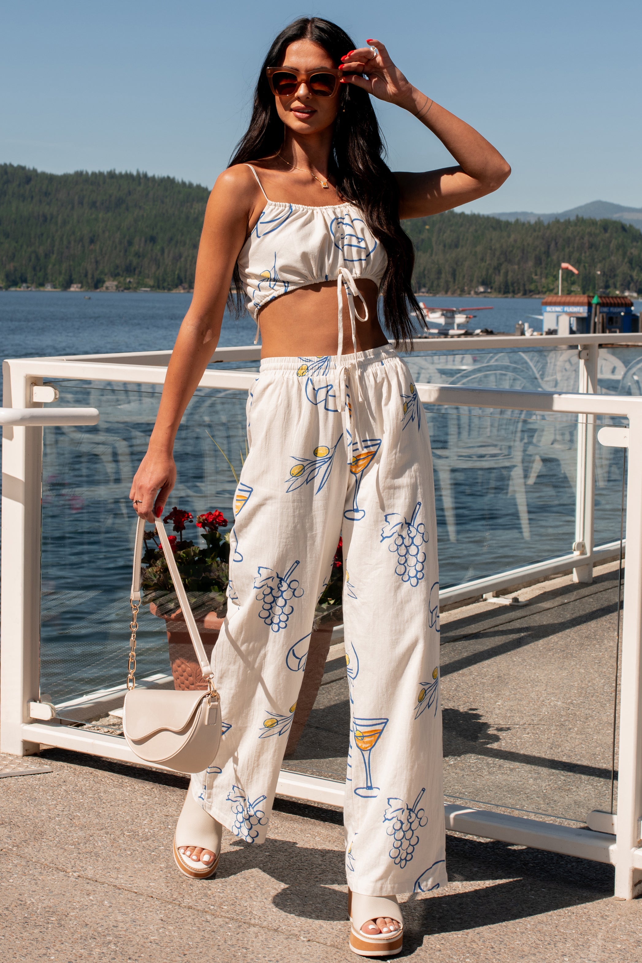 Drinks On The Patio Printed Drawstring Crop Top (Cream) - NanaMacs