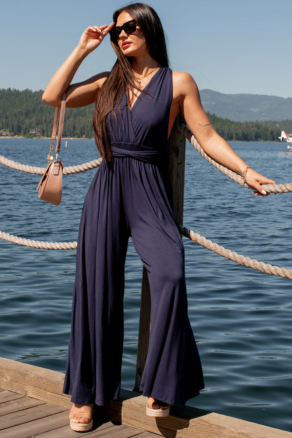 Meant To Be Modern Wrap-Tie Palazzo Jumpsuit (Dark Navy) - NanaMacs